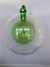 CB2 Crate & Barrel NWOT 4” Clear Glass Ball Ornament w/ Green Glass Ball Inside