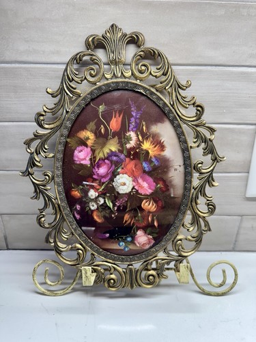 Vintage Convex Bubble Glass Ornate Oval Brass Picture Frame Floral Print ITALY 1 - Picture 1 of 7