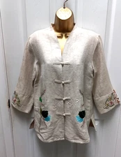 Citron Santa Monica S Asian Floral Embroidery Mandarin Button 3/4 Sleeve Blazer