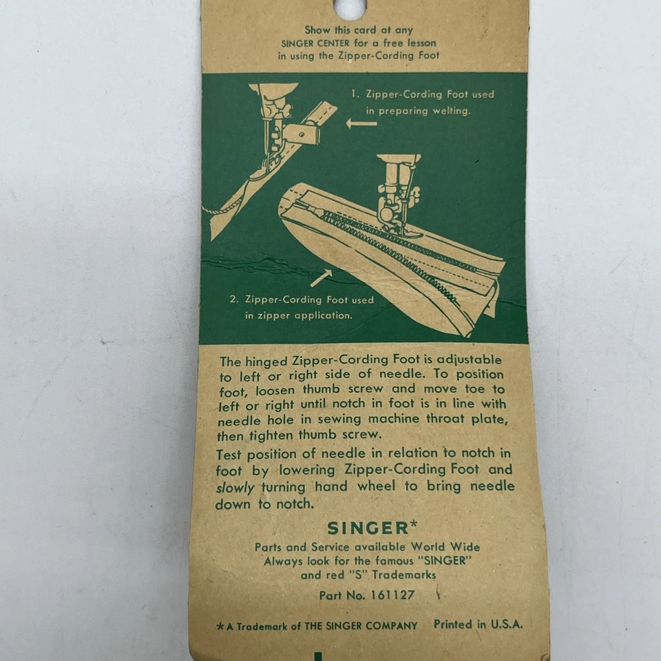 Singer Hinged Zipper Cording Foot Vintage New For Low Shank Side Clamp Machines - Image 3 of 4