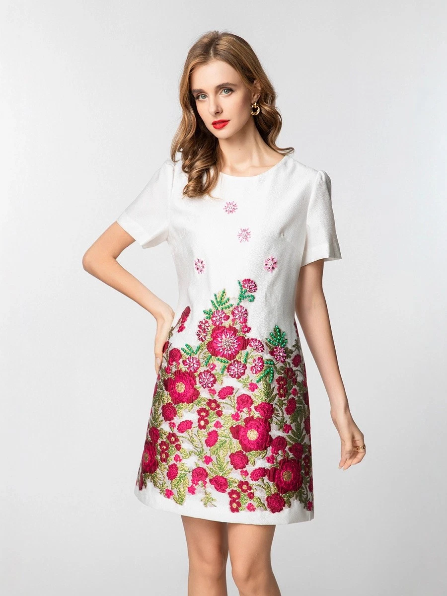 VETEMENTS Abito corto girocollo manica corta retrò jacquard moda donna linea A floreale