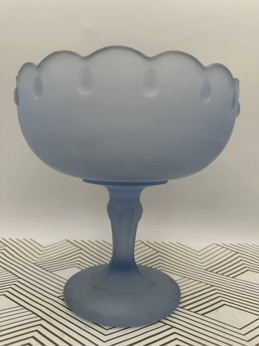 Vintage Indiana Glass Frosted Blue Satin Glass Footed Tear Drop Bowl On Pedestal