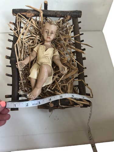 Antique Infant Jesus in Real Wooden Manger Vintage Nativity Baby Jesus 1900s - Picture 17 of 19