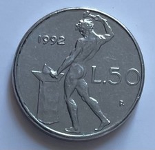 Italy 50 Lire 1992 - Vulcan - Hammer & Anvil - small type