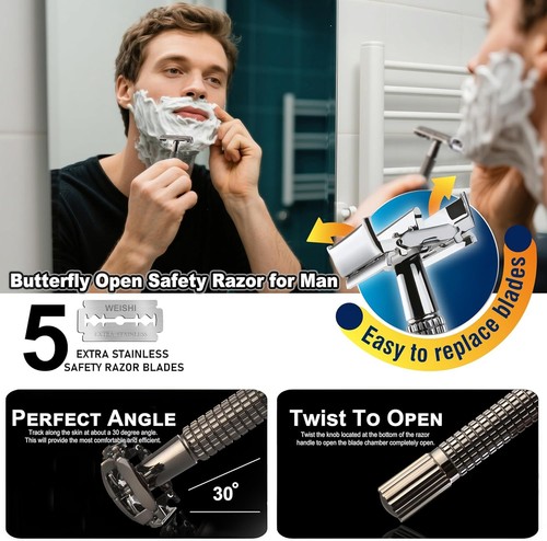 Nostalgic Butterfly Open Metal Razor for a Smooth & Clean Shave - Long Handle - Picture 4 of 11
