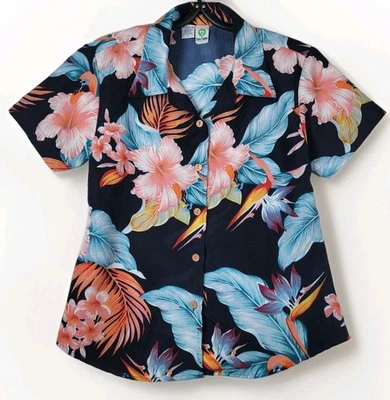 Vintage Ten2One Hawaii dunkel geblümtes Kurzarmhemd Damen kleine Kokosnussknöpfe - Bild 1 von 4