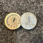 Vtg. Bulova Desk Alarm Clock Gold Coin Stack Lady Liberty, Saint Gaudens,  Works