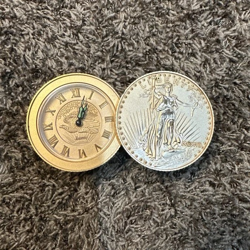Vtg. Bulova Desk Alarm Clock Gold Coin Stack Lady Liberty, Saint Gaudens,  Works