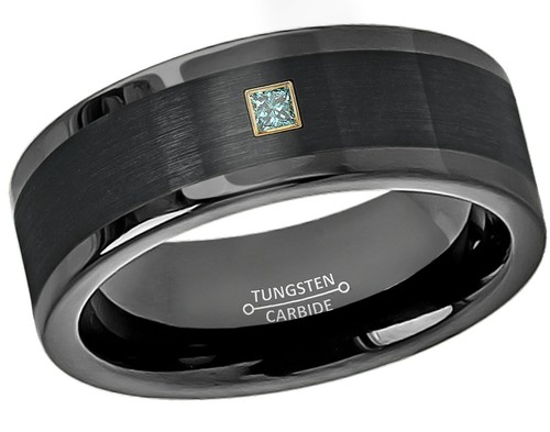 0.05ctw Princess Cut Diamond Ring, 8mm Black Pipe Cut Tungsten Wedding Band #374 - Picture 8 of 11