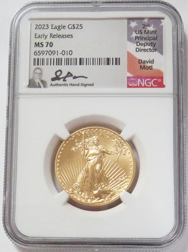 2023 GOLD $25 AMERICAN EAGLE 1/2 OZ DAVID MOTL SIGNED NGC MS 70 EARLY RELEASES