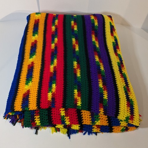 VTG Handmade Crochet Afghan Blanket Rainbow Stripes Lap Sofa Couch Throw, 8 x 6' - Picture 4 of 14