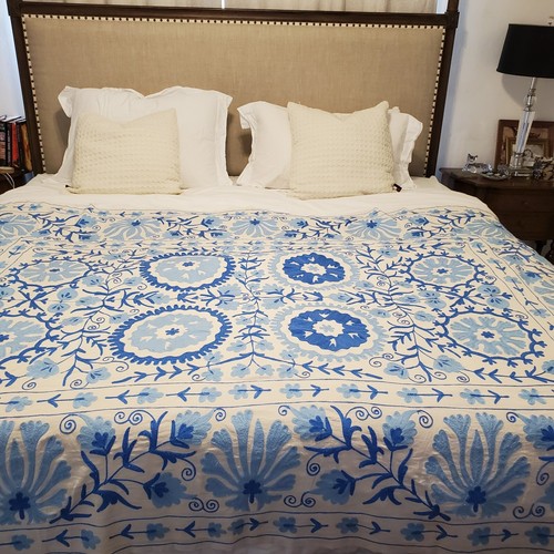 Authentic Vintage Hand Embroidered Large Blue Blossom Suzani Throw - Picture 3 of 24