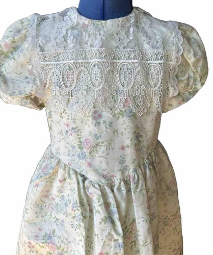 Vtg 80s Gunne Sax Jessica McClintock Floral Print & Lace Girls Party Dress Sz 6X - Picture 2 of 10