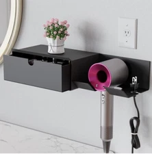 Tindbea Metal Hair Dryer Holder Wall Mounted + Drawer Storage, Matte Black