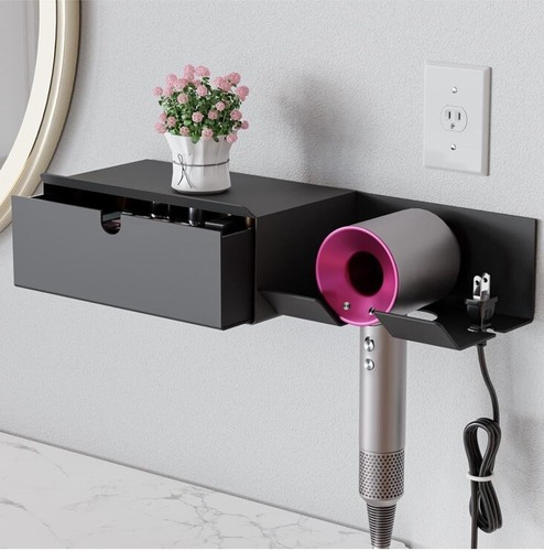 Tindbea Metal Hair Dryer Holder Wall Mounted + Drawer Storage, Matte Black - Picture 3 of 5