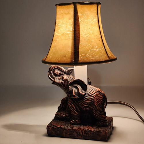 Ting Shen Elephant Lamp Small Brown Accent Night Light w/ Shade For Good Luck