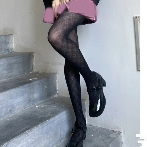 Women Sexy Black Silky Pantyhose Vintage Argyle Checkered Plaid Tights - Picture 6 of 8