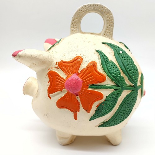Mexico Folk Art Chalkware Piggy Bank Large Handmade With Painted Flowers Vintage - Picture 3 of 9