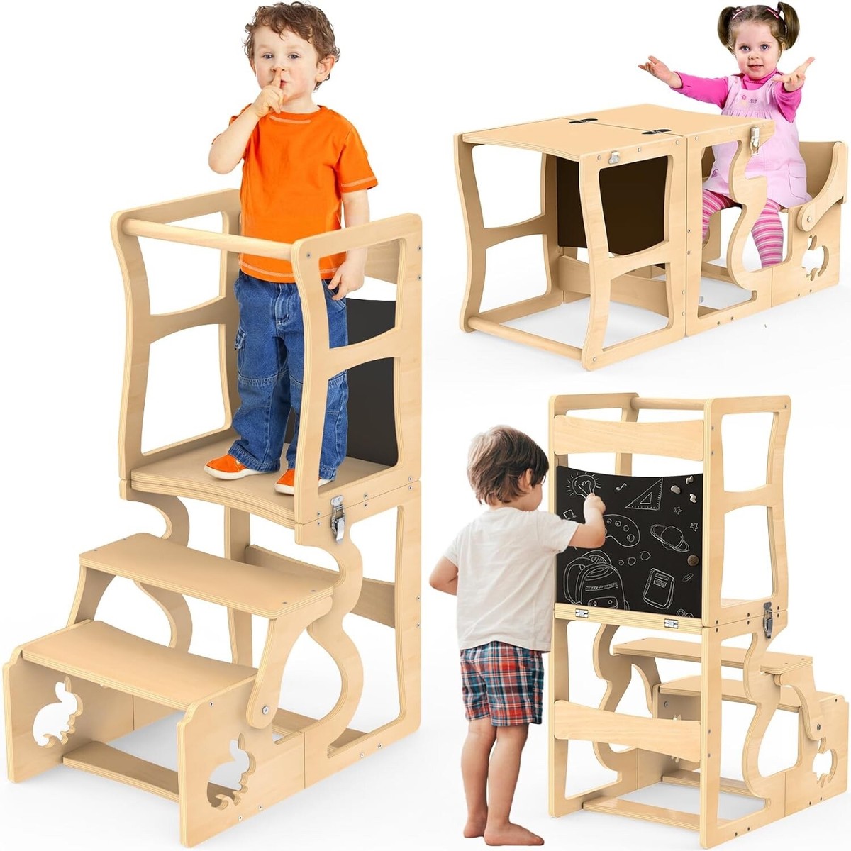 3 in 1 Kids Folding Kitchen Standing Tower, Step Stool, Table w