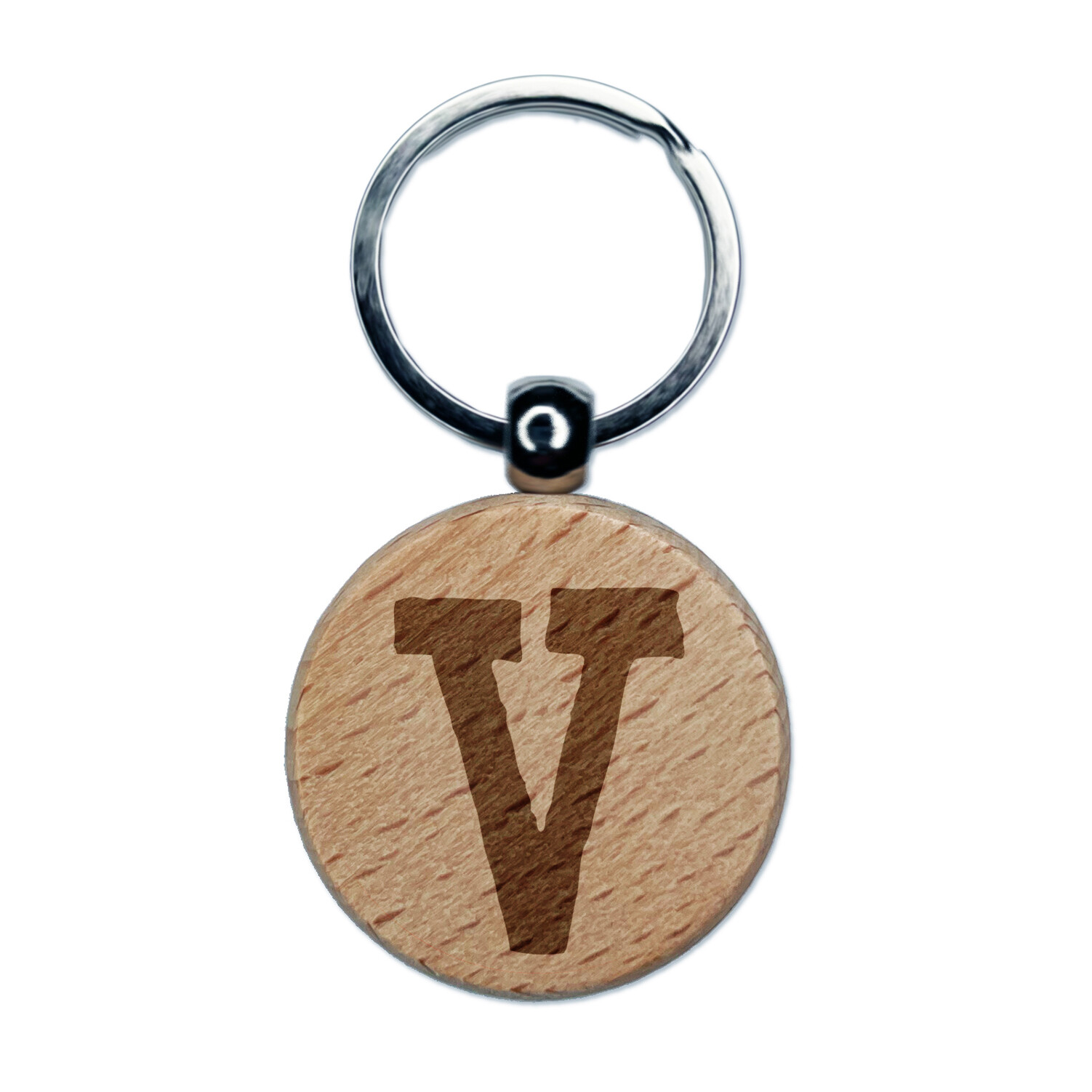 Letter V Uppercase Cute Typewriter Font Engraved Wood Round Keychain Tag Charm