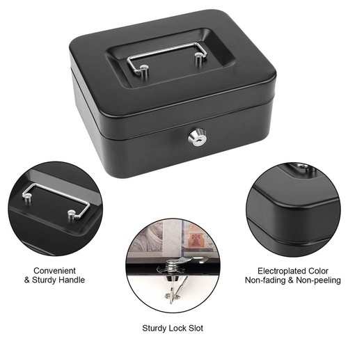 Cash Box with Key Lock Metal Money Box with Removable Coin Tray Medium Safe L... - Picture 5 of 9