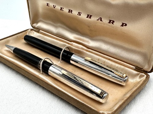VINTAGE c1957 NOS? EVERSHARP VENTURA STERLING SILVER FOUNTAIN PEN PENCIL SET 14K - Picture 2 of 17