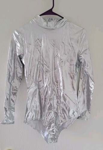 Women's Adult Silver Neon Bodysuit Back Zipper Long Sleeve size S/M NWOT - Picture 4 of 11
