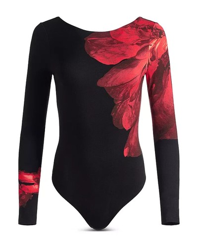 NWT Alice + Olivia Printed Long Sleeve Bodysuit in Black Multi SZ M #T3158
