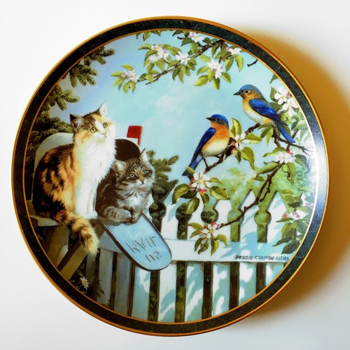 Neugierige Nachbarn Katze Kätzchen Teller SONDERLIEFERUNG blaue Vögel von Persis Weirs EUC - Bild 5 von 5