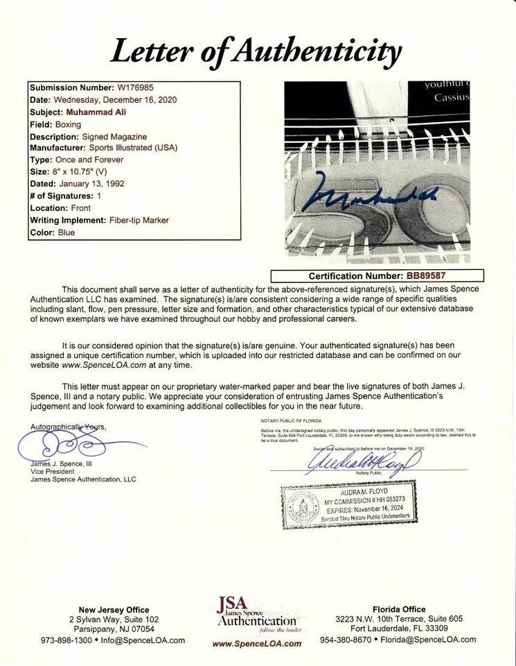Muhammad Ali autograph autographed signed 1992 Sports Illustrated SI framed JSA - Image 2 of 2