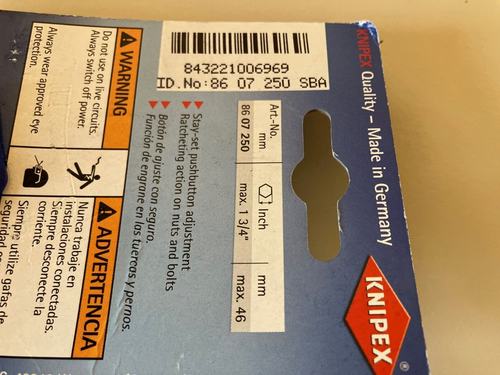 KNIPEX 86 07 250 SBA 10" Inch 250 mm VDE Insulated Pliers Wrench Plier 1000V NEW - Picture 3 of 3