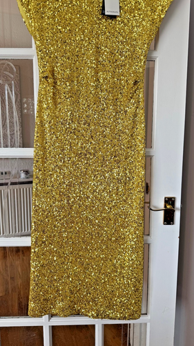 Striking BNWT M&S Autograph citrus yellow gold sequin pencil midaxi dress - Picture 3 of 6