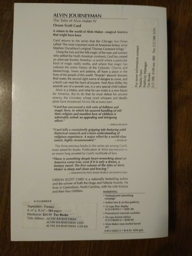 Tales of Alvin Maker IV: Alvin Journeyman by Orson Scott Card (1994, PB, ARC) - Picture 2 of 3