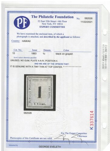 Hawaii 15 Mng Xf 1c black on grayish Pf Certificate Zayix Stamps 0225X0004