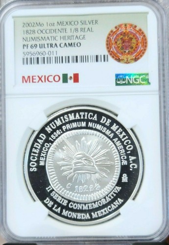 2002 MEXICO SILVER 1828 OCCIDENTE 1/8 REAL NGC PF 69 ULTRA CAMEO EXTREMELY RARE - Picture 1 of 4