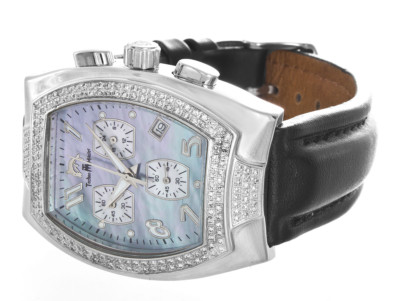 Techno Master Womens Blue Pearl Dial BlackGenuine Leather Band Watch TM2052 35mm