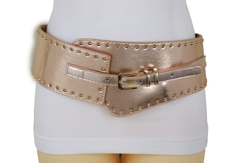 Women Wide Elastic Rose Gold Faux Leather Timeless Style Belt Metal Stud Fit S M - Picture 9 of 12