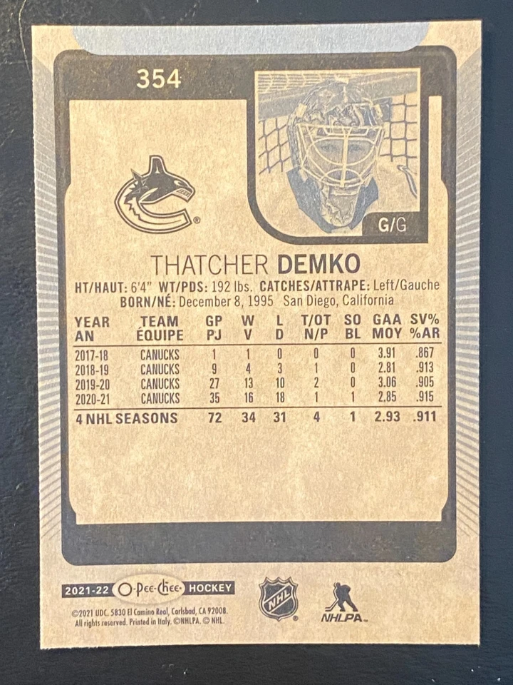 Thatcher Demko 2021-22 O-Pee-Chee Hockey #354 Vancouver Canucks - Image 2 of 2