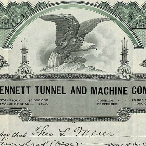 Certificado de stock vintage 1912 Bennett Tunnel and Machine Co. Denver, CO #1409 - Imagen 1 de 3
