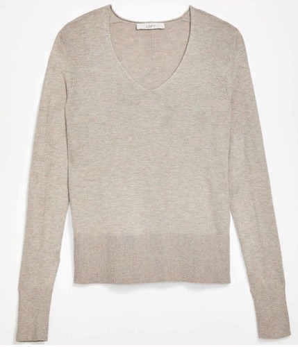NWT Women's LOFT L/S Rib Trim V-Neck Sweater in Heather Beige Sz XL - Picture 1 of 13