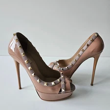 Valentino Beige Patent Leather Rockstud Peep Toe Platform Pumps 40