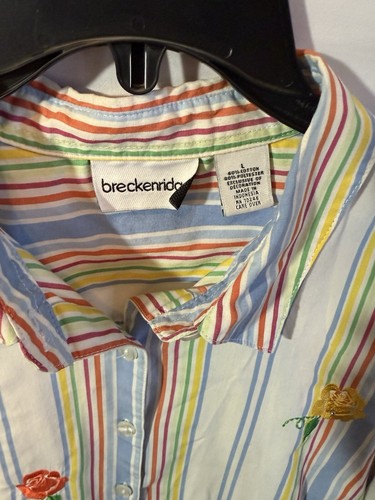 Breckenridge Button Up Shirt Womens Sz L Multi Color Striped Embroidered Flowers - Picture 2 of 5