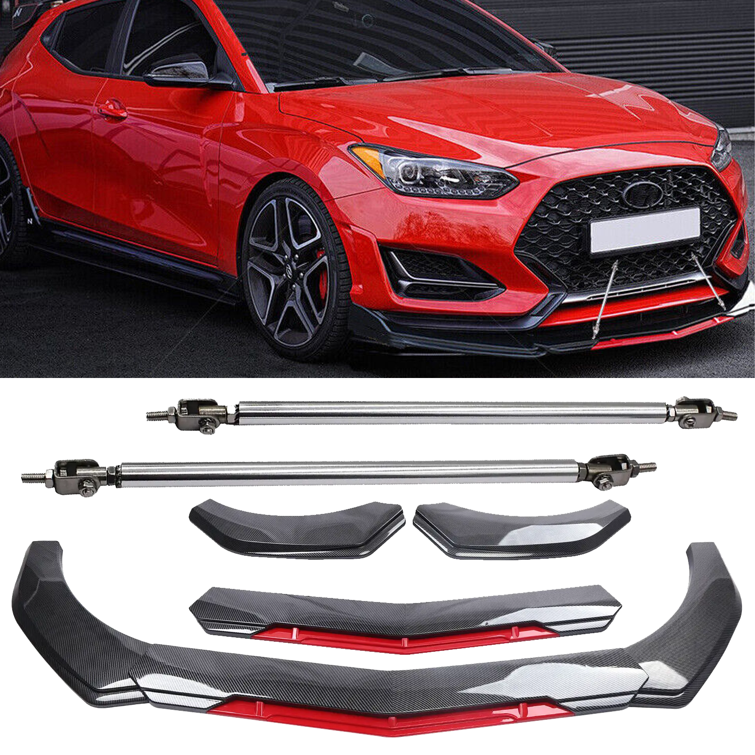 Hyundai Veloster Carbon Fiber Front Bumper Lip Spoiler Splitter with Strut Rod