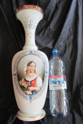 Antique BOHEMIAN HARRACHOV Matted Milk Glass VASE Hand Painted Portrait, 18" - Picture 8 of 9