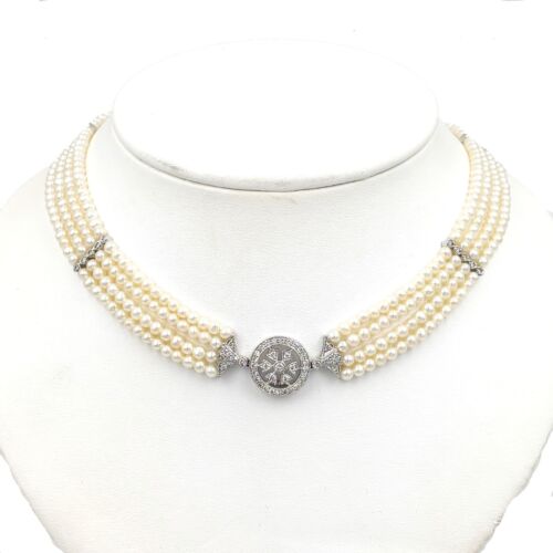 Estate 18k White Gold Multi Strand Pearl Diamond Choker Necklace - Picture 2 of 5