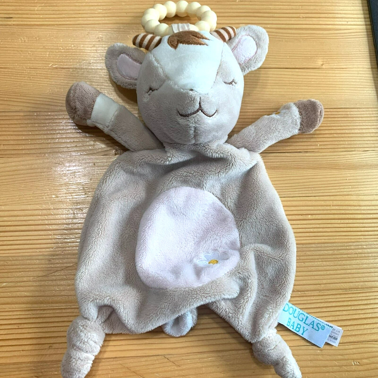 Douglas Baby cow flower Tan Plush Teether Ring Baby Security Toy Lovey
