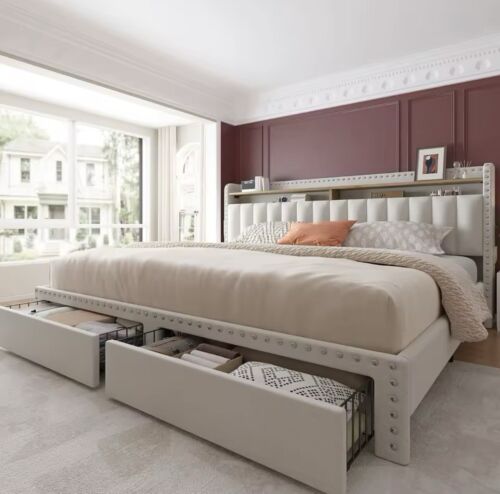 King Size Bed Frame with Storage and Headboard Upholstered Frame with 2 Drawers