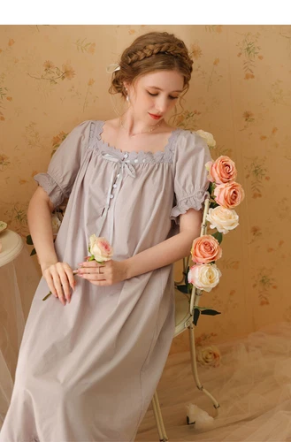 Damen Baumwolle Nachthemd Kurzarm eckiger Ausschnitt Pyjama Schlafkleid - Bild 16 von 34