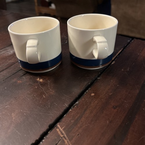 Stoneware Japan Coffee Mug Tea Cup Lot Of 2 Cream With Navy Brown Stripe 8 oz - Picture 5 of 6