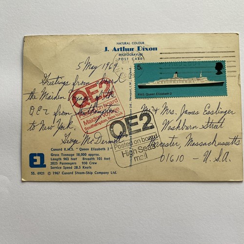 Cunard R.M.S.QE 2 Steam Ship Postcard Posted On Maiden Voyage @High Seas VTG - Picture 2 of 2
